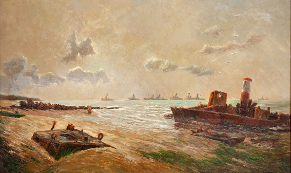 Louis BULOT - Arromanches, pontons et bateaux échoués - huile sur bois - coll privée